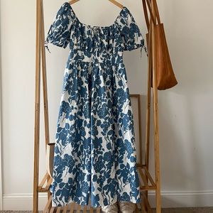 ASOS Blue and White Puff Sleeve Midi Dress